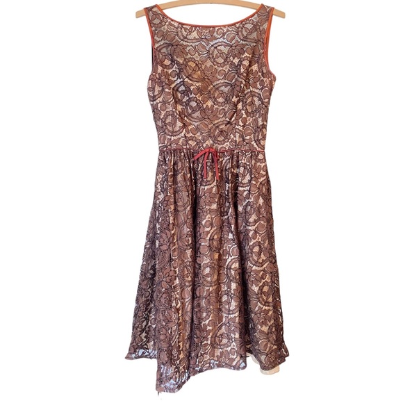 Vintage 50s Dress Lace Brown Illusion Neckline Party Cocktail As-Is XS Fit Flare - Picture 1 of 7